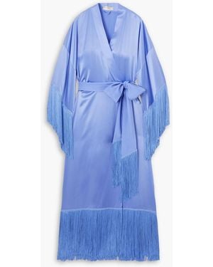 Olivia Von Halle Morgenmantel aus seidensatin mit fransen und bindegürtel - Blau