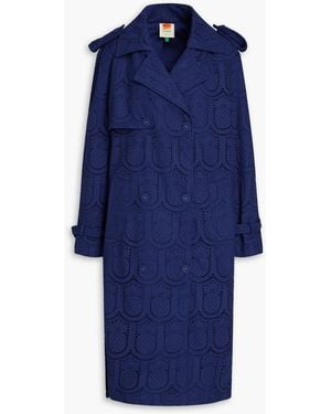 FARM Rio Broderie Anglaise Cotton Trench Coat - Blue