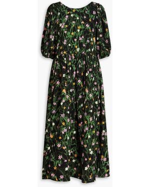 Stine Goya Ursi Gathered Floral-print Crepe Midi Dress - Green