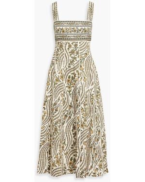 Veronica Beard Rye Tie-Back Floral-Print Linen Midi Dress - Natural
