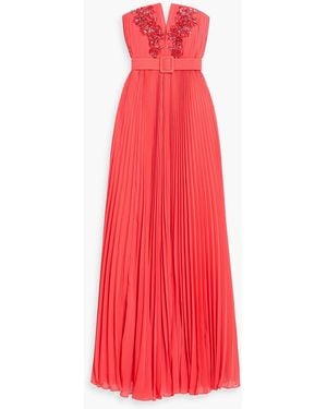 Badgley Mischka Strapless Embellished Pleated Chiffon Gown - Red