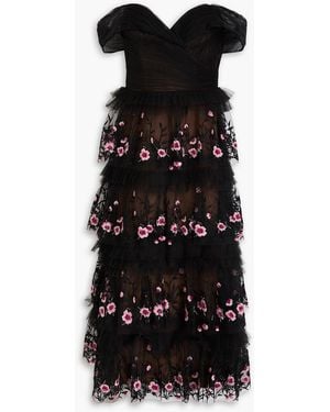 Marchesa Off-The-Shoulder Embellished Tulle Midi Dress - Black