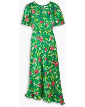 Saloni Vida D Ruffled Floral-Print Silk-Satin Midi Dress - Green