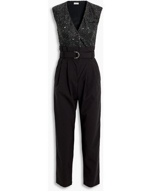 Brunello Cucinelli Belted Pleated Crepe-paneled Wool-blend Jumpsuit - Black