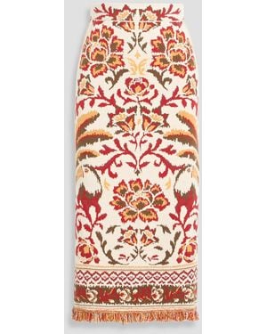 FARM Rio Fringed Jacquard-Knit Midi Skirt - Red