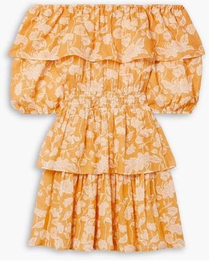 Miguelina Basil schulterfreies, gestuftes minikleid aus baumwoll-voile mit blumenprint und raffungen - Mettallic