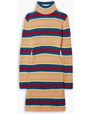 The Elder Statesman Striped Ribbed Cashmere Turtleneck Mini Dress - Blue