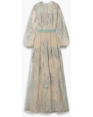 Costarellos Jezebel Lace-trimmed Sequin-embellished Tulle Gown - Natural