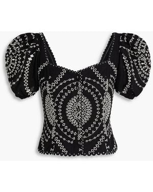 Charo Ruiz Cropped Embroidered Cotton-Blend Top - Black