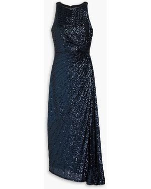 Badgley Mischka Wrap-effect Sequined Stretch-tulle Midi Dress - Blue