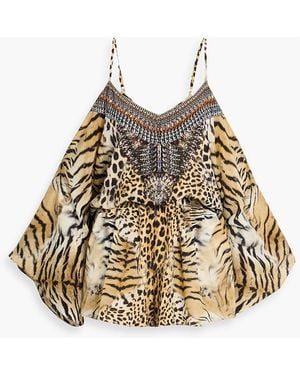 CAMILLA Cold-Shoulder Crystal-Embellished Leopard-Print Silk Crepe De Chine Playsuit - White