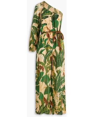 FARM Rio One-Sleeve Printed Satin-Crepe Jumpsuit - Green