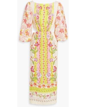 Saloni Neelam Cutout Printed Linen Midi Dress - Yellow