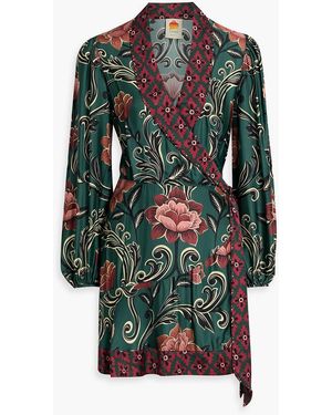 FARM Rio Bead-Embellished Floral-Print Crepe De Chine Mini Wrap Dress - Green