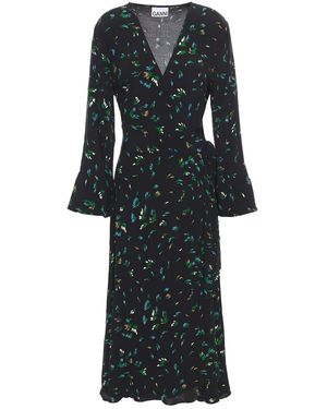 Ganni Printed Crepe Midi Wrap Dress - Black