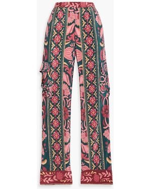 FARM Rio Printed Satin Straight-Leg Pants - Red