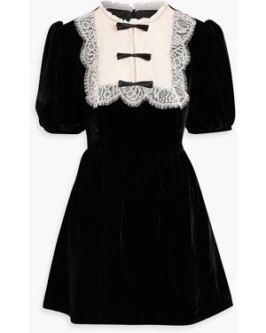 Saloni Cherie Lace-Trimmed Embellished Velvet Mini Dress - Black