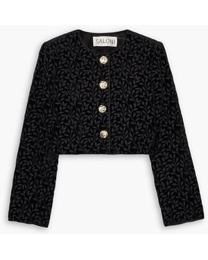 Saloni Vika Cropped Satin-Trimmed Velvet-Jacquard Jacket - Black