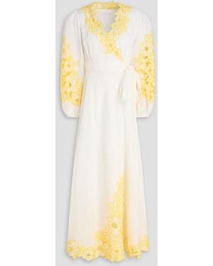 Zimmermann Broderie Anglaise Linen Maxi Wrap Dress - Yellow