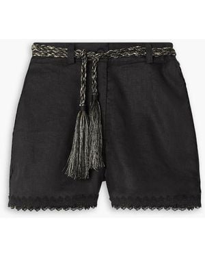 Waimari Pixie Belted Lace-trimmed Linen Shorts - Black