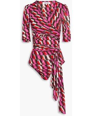 Diane von Furstenberg Abbie Wrap-effect Printed Mesh Bodysuit - Red
