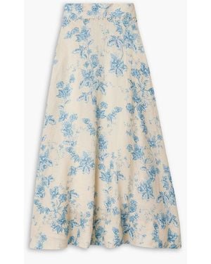 Agua Bendita Bergamota Bougainvillea Embellished Floral-Print Linen Midi Skirt - Blue