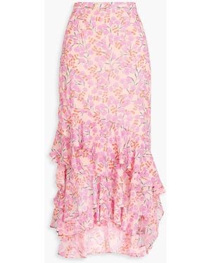 Saloni Lita Ruffled Floral-print Silk-chiffon Midi Skirt - Pink