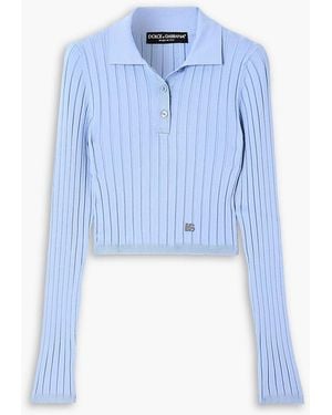 Dolce & Gabbana Embellished Ribbed-Knit Polo Shirt - Blue