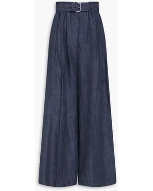 Brunello Cucinelli Belted Linen Wide-Leg Pants - Blue