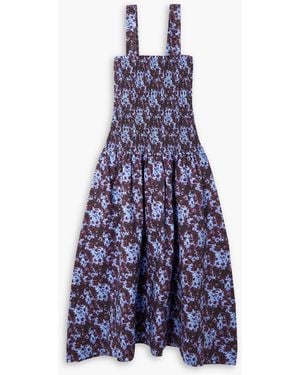 Proenza Schouler Printed Smocked Cotton-poplin Midi Dress - Blue