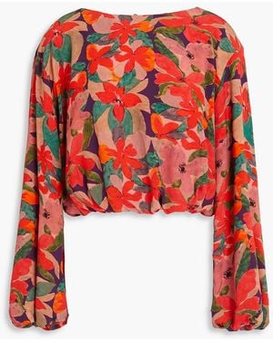 Solid & Striped Cropped Floral-Print Crepe De Chine Top - Red