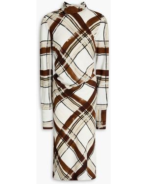 Dries Van Noten Draped Checked Crepe Midi Dress - Brown