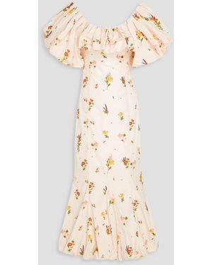 Agua Bendita Caribe Off-the-shoulder Ruffled Floral-print Cotton Midi Dress - Natural