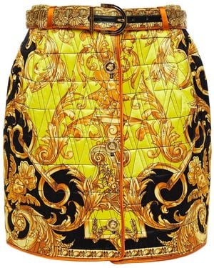 Versace Leather-Trimmed Quilted Printed Silk-Satin Mini Skirt - Yellow