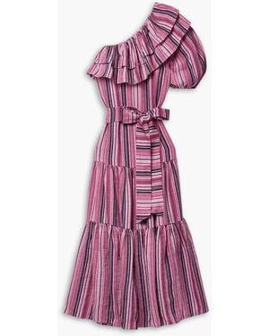 Lisa Marie Fernandez Arden One-sleeve Ruffled Striped Linen-blend Maxi Dress - Purple