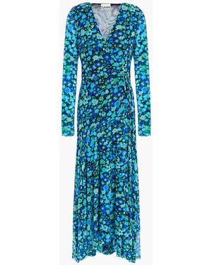 Ganni Floral-print Stretch-mesh Maxi Wrap Dress - Blue
