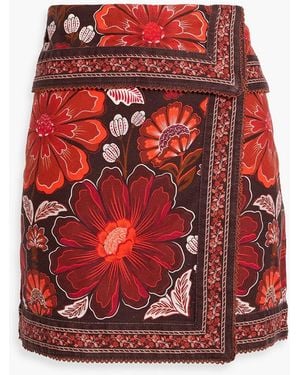 FARM Rio Wrap-Effect Floral-Print Cotton-Twill Mini Skirt - Red