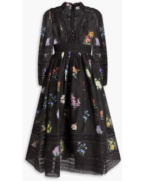 Zimmermann Floral-Print Corded Lace-Paneled Linen And Silk-Blend Midi Dress - Black