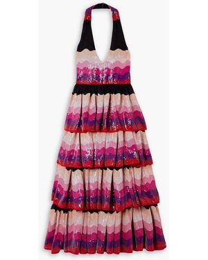 Halpern Tiered Sequined Crepe Halterneck Midi Dress - Pink