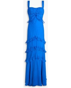 Saloni Chandra Ruffled Plissé Silk-Georgette Maxi Dress - Blue