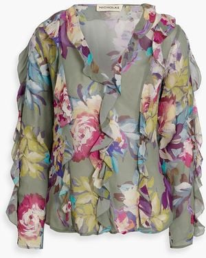 Nicholas Ruffled Floral-Print Silk-Chiffon Blouse - Green