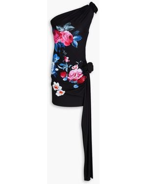 Magda Butrym One-Shoulder Appliquéd Floral-Print Jersey Mini Dress - Black