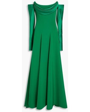 Rhea Costa Raven Off-the-shoulder Draped Satin-trimmed Crepe Gown - Green