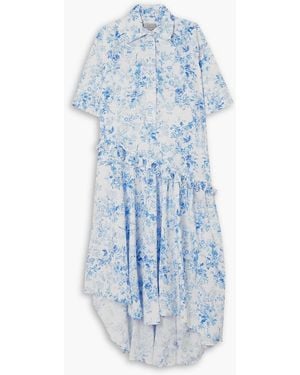 Preen By Thornton Bregazzi Atreides Asymmetric Ruffled Floral-print Cotton-poplin Shirt Dress - Blue