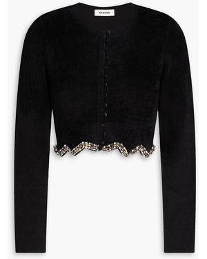 Sandro Cropped Crystal-Embellished Velvet Cardigan - Black