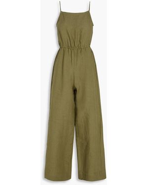 Casa Raki Sara Gathered Linen Wide-Leg Jumpsuit - Green