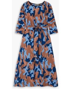 Yvonne S Belted Camouflage-print Cotton-poplin Midi Dress - Blue