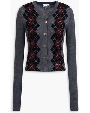 Ganni Cardigan aus merinowolle mit argyle-muster in jacquard-strick - Schwarz