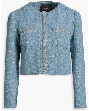 Maje Cropped Embellished Tweed Jacket - Blue