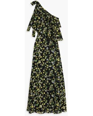 Mikael Aghal One-shoulder Ruffled Floral-print Fil Coupé Chiffon Maxi Dress - Green